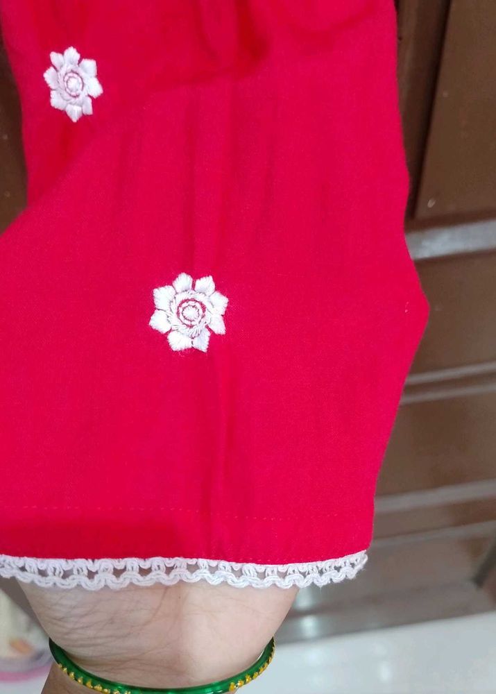 Red Embroidered Kurta With Pants
