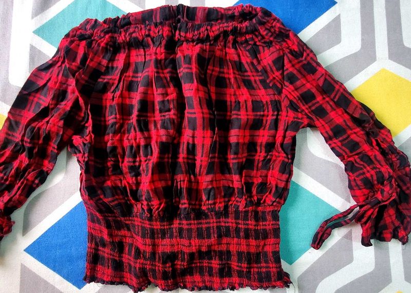 Red &amp; Black Plaid Off-Shoulder Top
