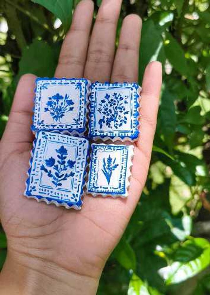 Handmade Clay Blue Stamp Fridge Magnets Set