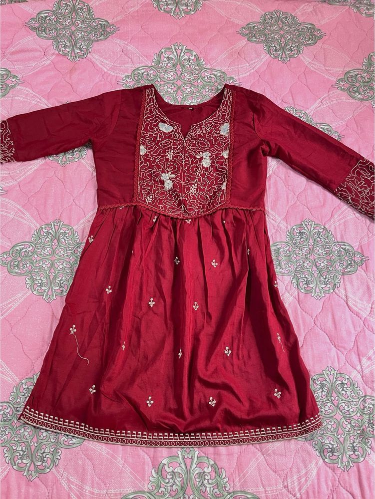 Sangria Maroon Embroidered Longline Top