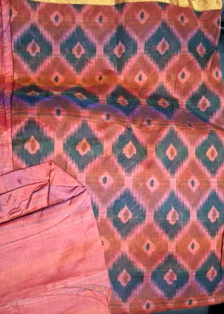 Pink &amp; Green Ikat Print Saree with Golden Border
