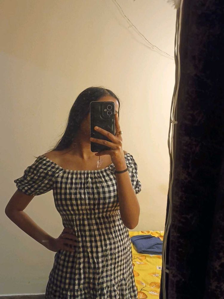 Checkered Off-Shoulder Mini Dress