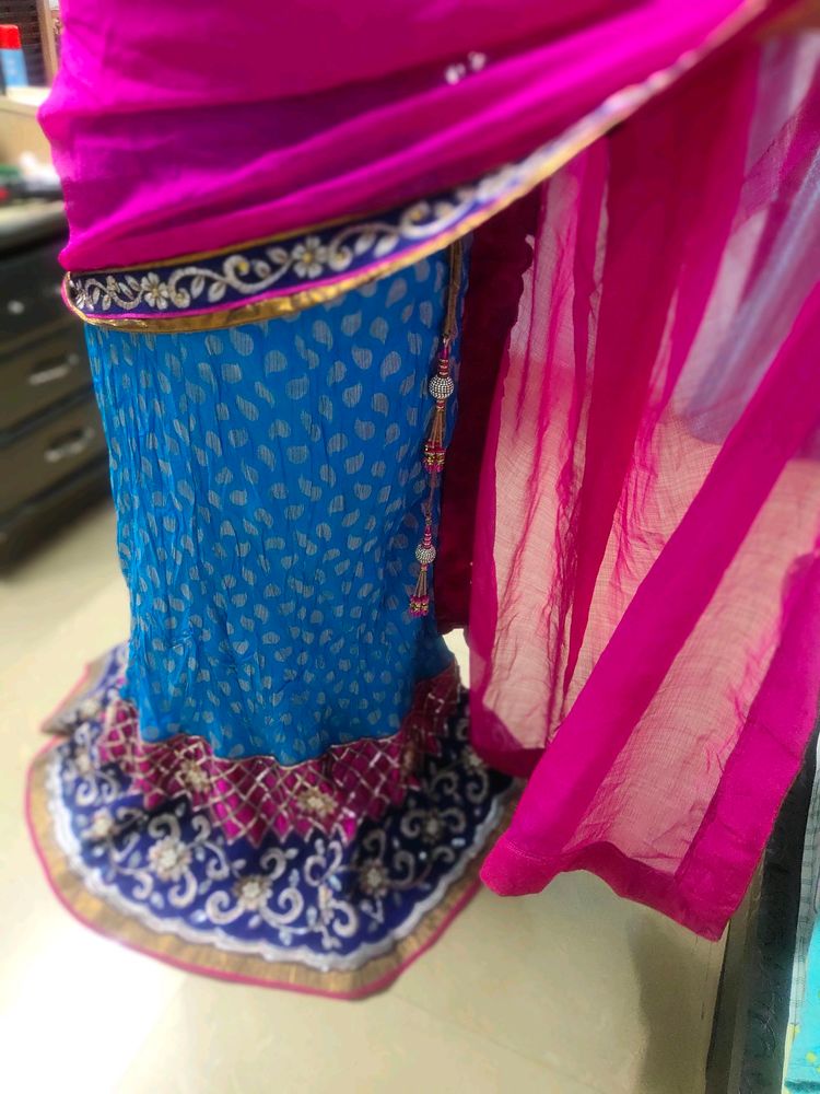 Blue &amp; Pink Embroidered Indian Lehenga Set