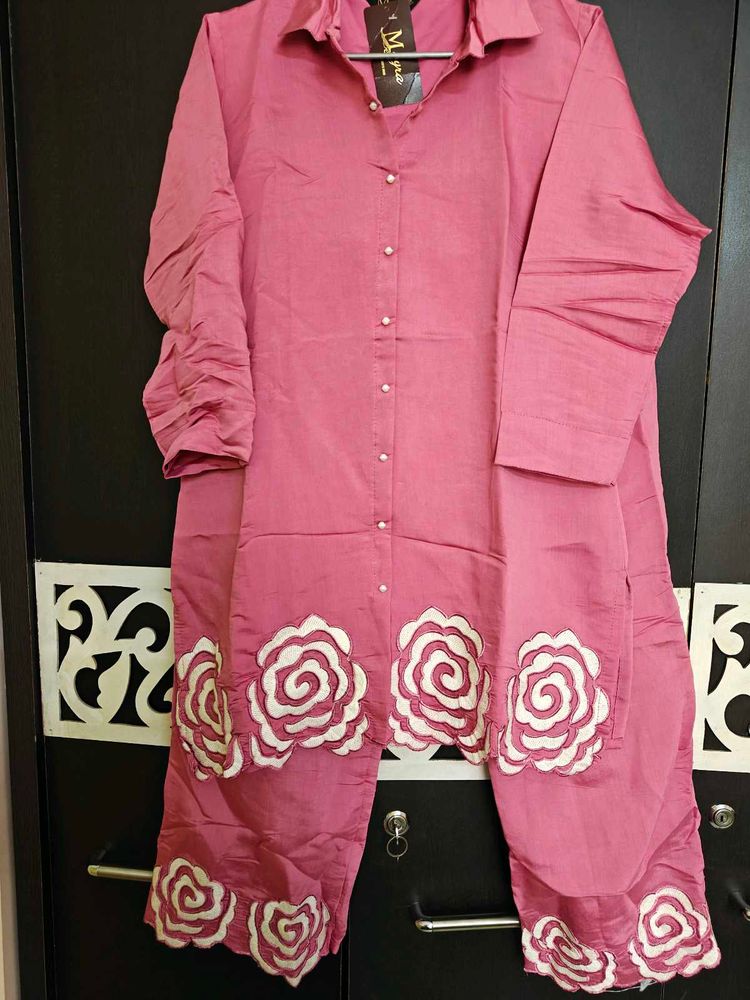 Embellished Pink Co Ord Set With Flower Embroidery