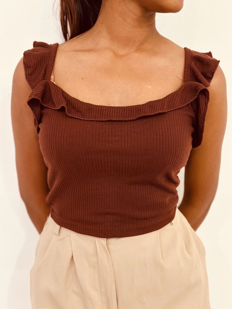 Brown Sleeveless Ribbed Croptop.