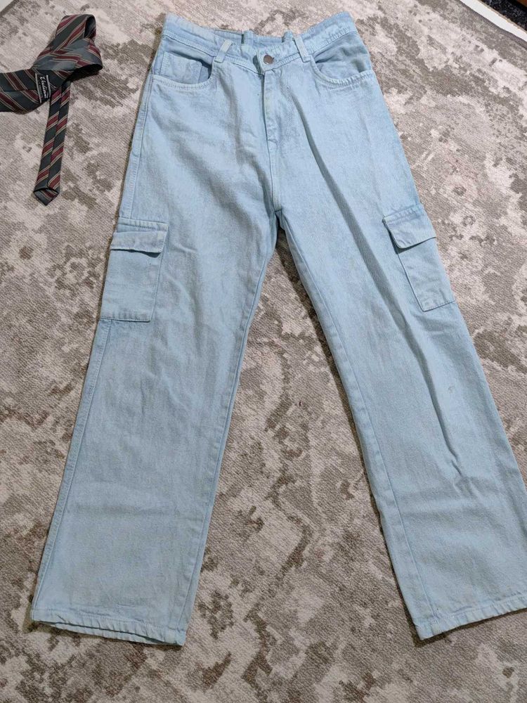 Light Blue Wide Leg Cargo Jeans