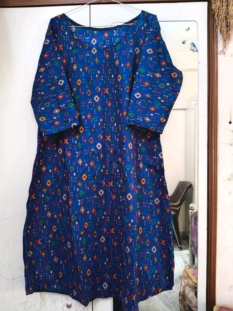 Blue Cotton Blend A Line Kurti