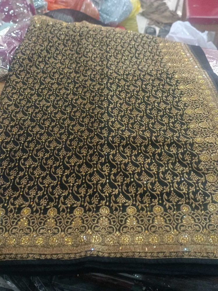 Elegant Black &amp; Gold Saree 1400  Price Hand Work