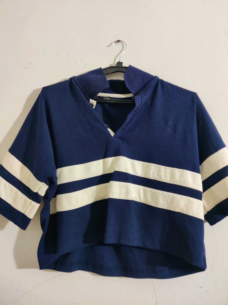 Navy &amp; White Cropped Polo Top