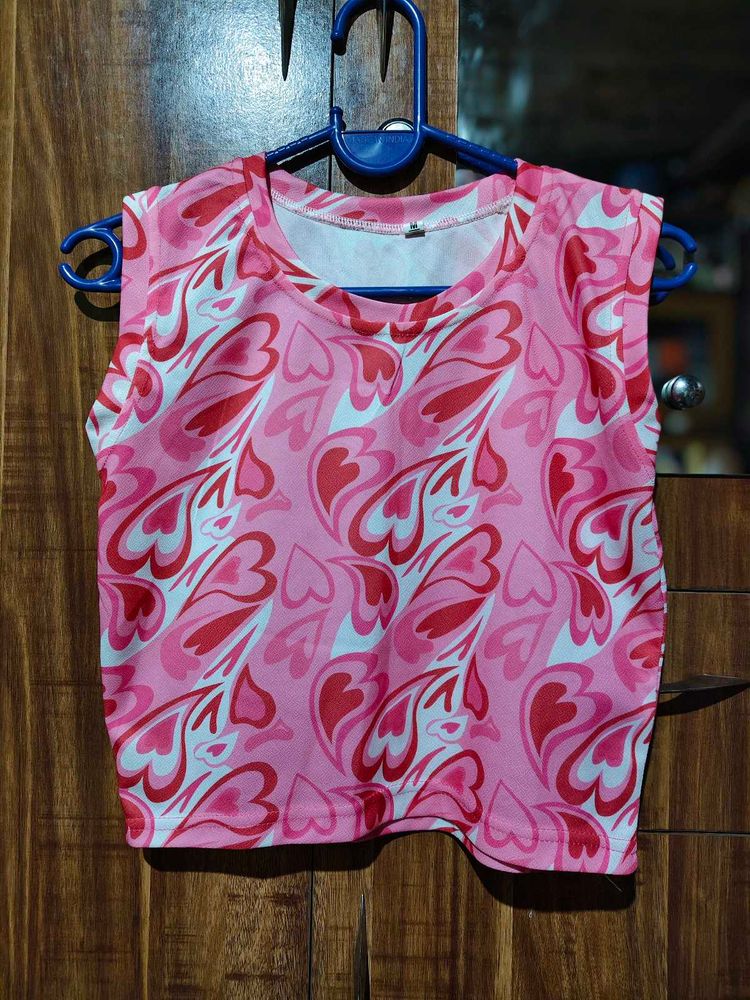 Pink Heart Print Sleeveless Top Combo Of Both New