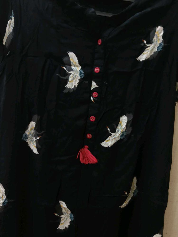 Crane Print Top And Teal Blue Colour Kurta