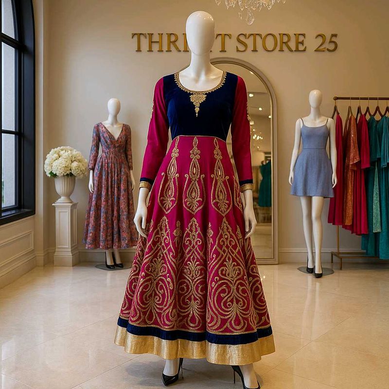 Elegant Embroidered Velvet-Trimmed Gown