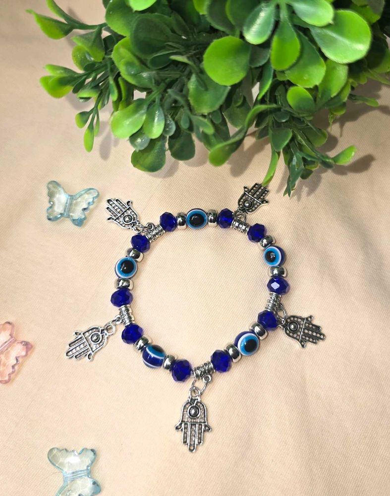 Stylish Evil Eye Blue Bead Bracelet with Hamsa