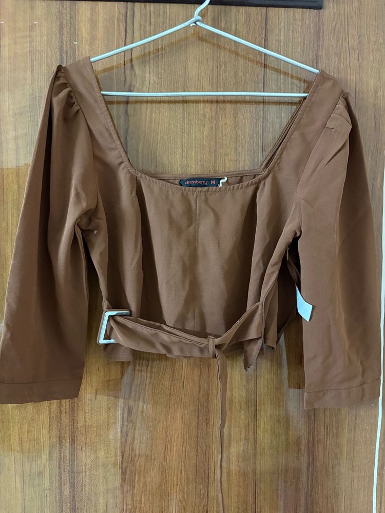 Brown Belted Crop Top