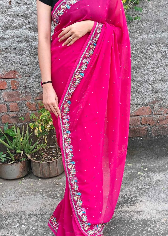 Pink colour hend work saree