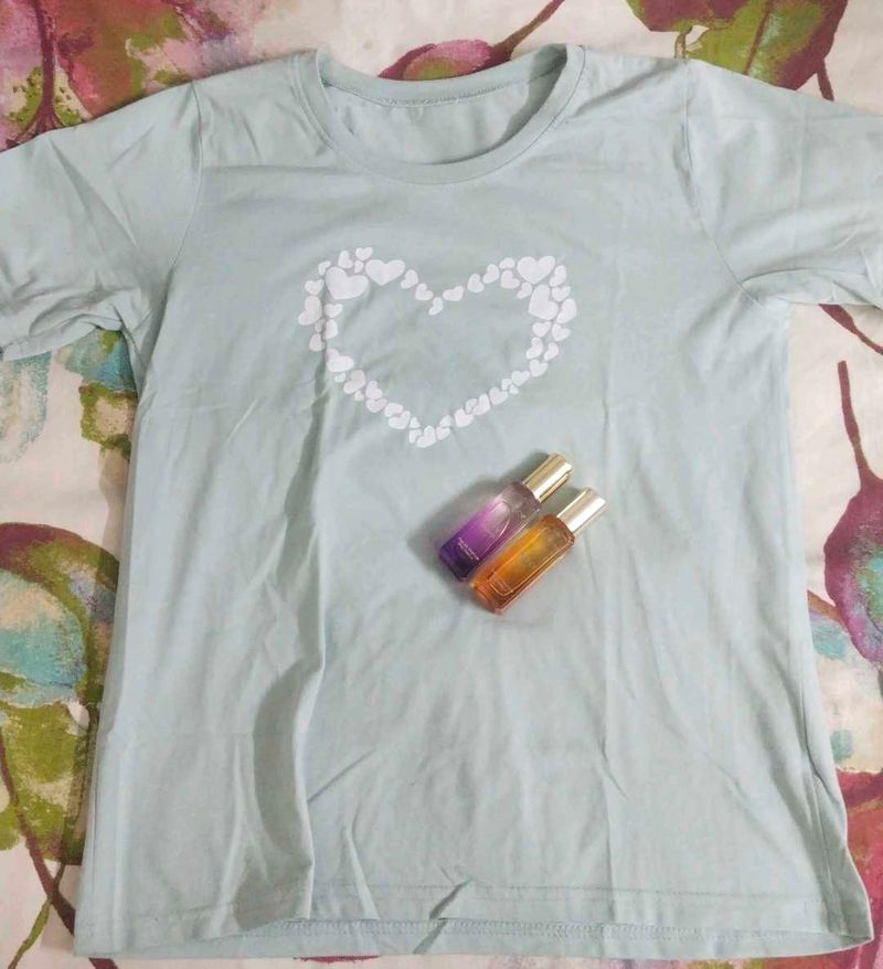 Mint Green Heart Print T-Shirt + 2 Mini Perfumes