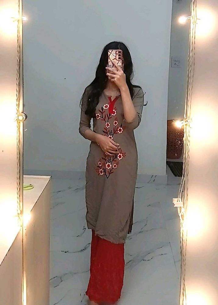 Elegant Grey And Red Embroidered Kurta With Plazo
