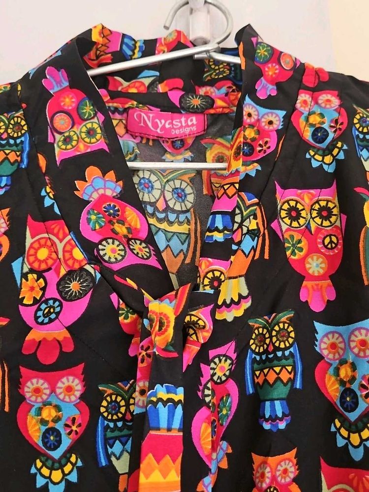 Owl Print Tie-Neck  Feeding Dress