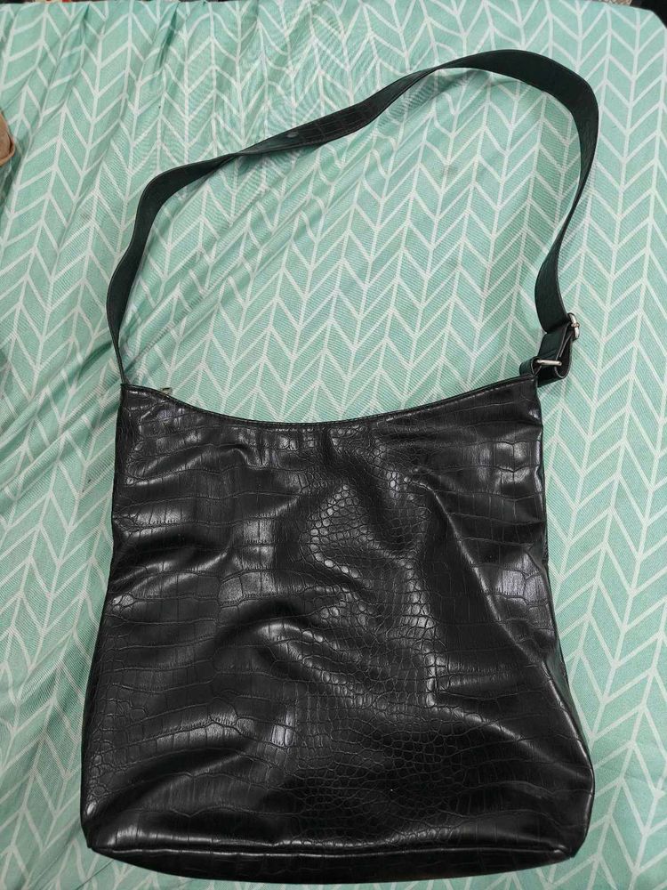 Black Croc Embossed Shoulder Bag