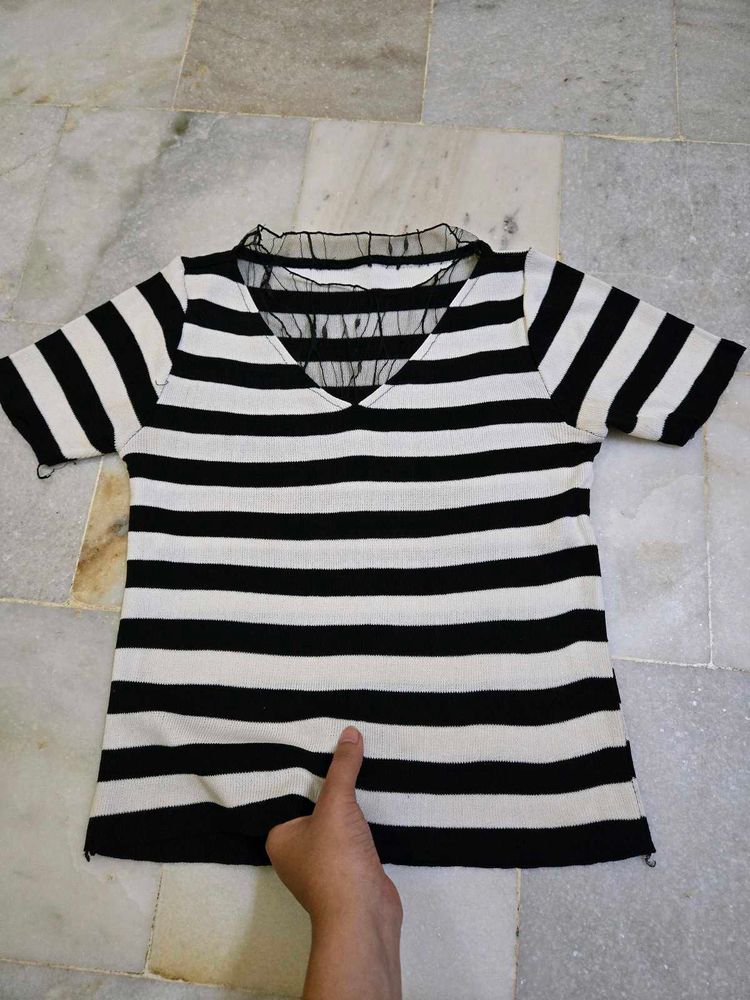 Striped Top with Mesh Detail
