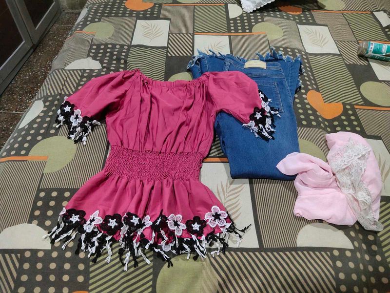 2 Tops And Peplum  Jeans Combo