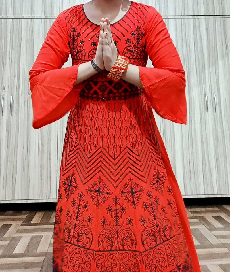 Ethnic Gown With Vibrant Red And Black Colour