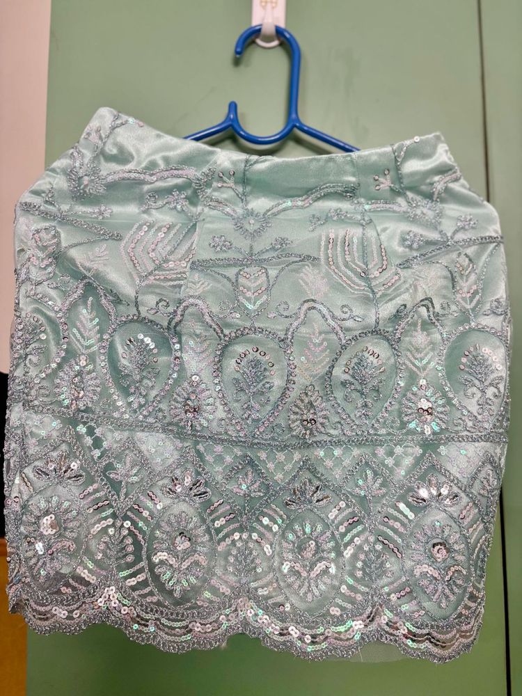 Pastel Blue Green Mini Skirt Net Embroidery Work