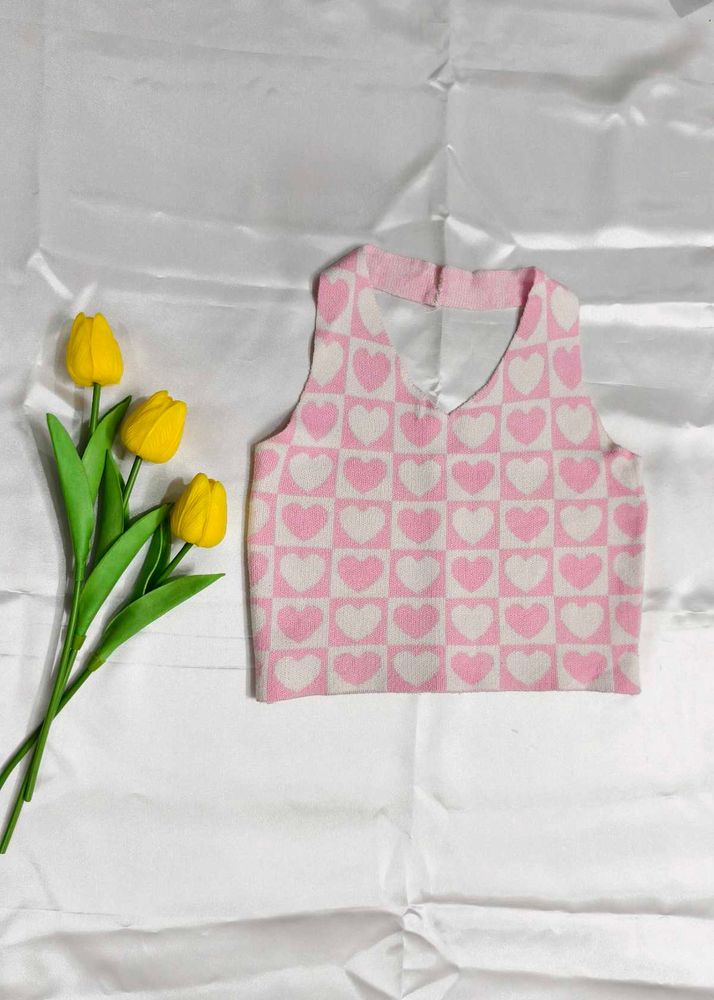 Pink Heart Checkered Sweater Vest