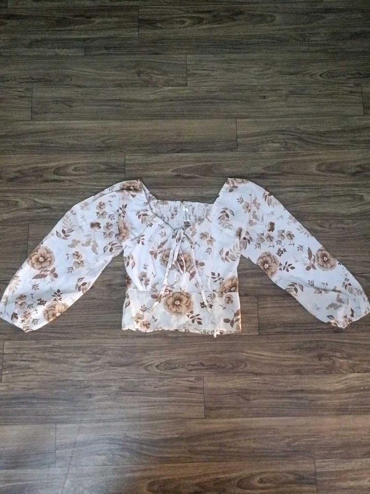 Floral Balloon Sleeve Tie Top