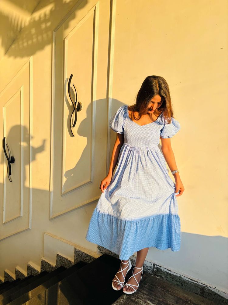 Blue Puff Sleeve Midi Dress