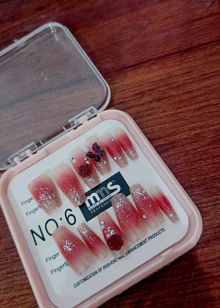 Pink Ombre Glitter Press-On Nails with 3D Butterfl