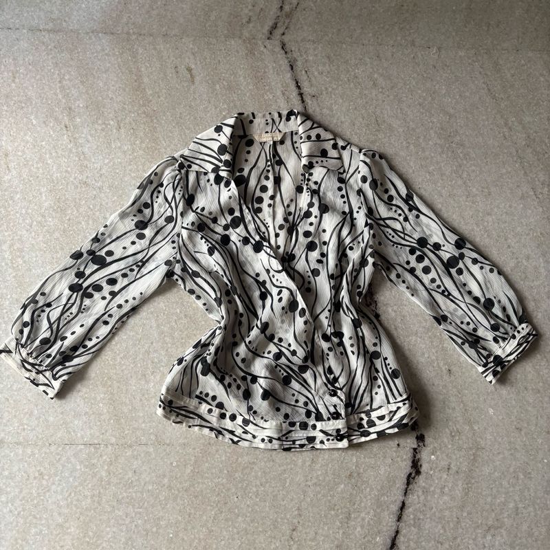 White &amp; Black Swirl Dot Print Blouse – Sheer Style