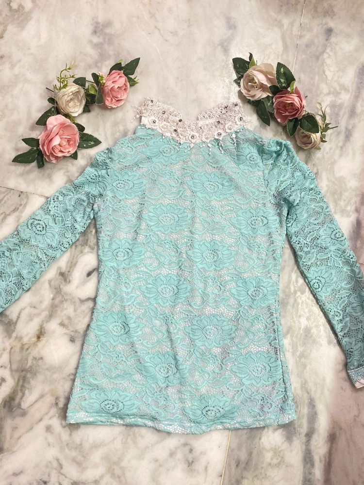 Mint Lace Long Sleeve Top