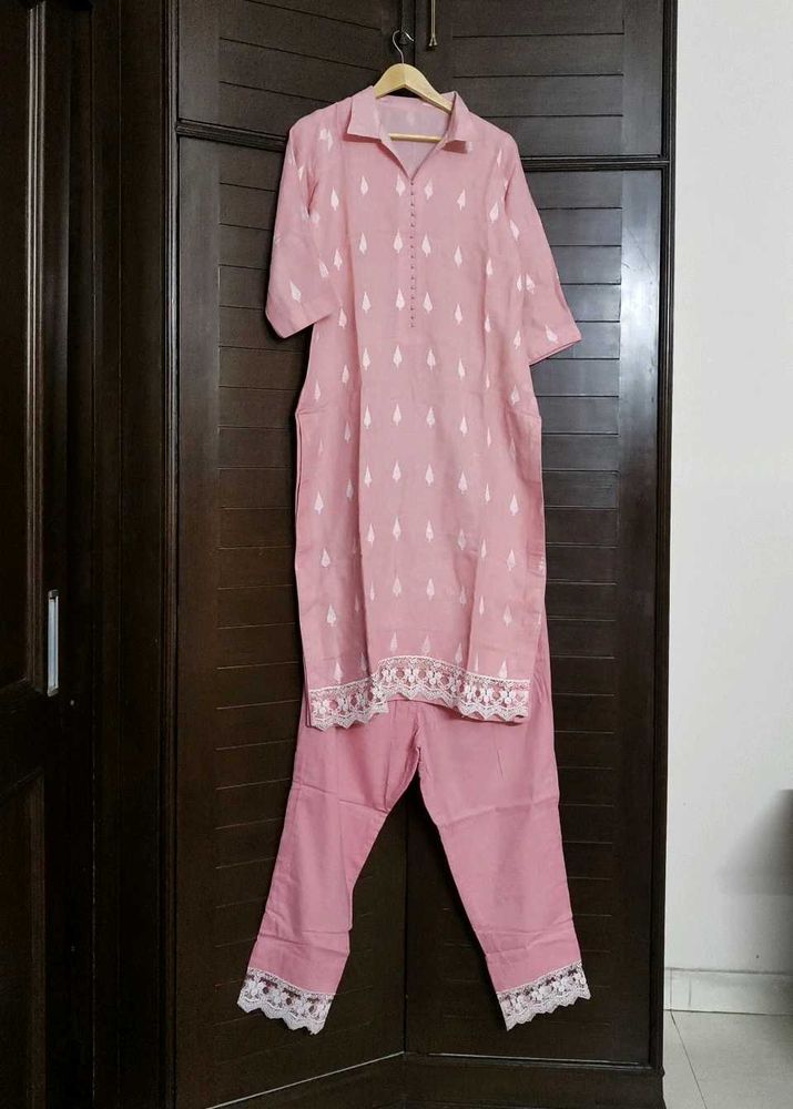 Pink Embroidered Cotton Lace Collar Kurta Pant
