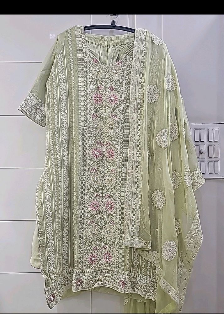 Mint Green Threadwork Georgette Kurta Set