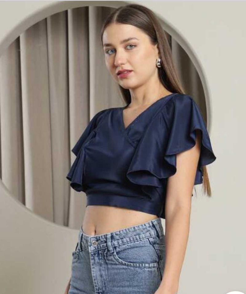Stylish Navy Blue Flutter Sleeve Top