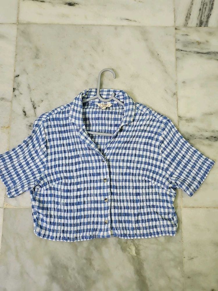 Blue Gingham Cropped Button-Down