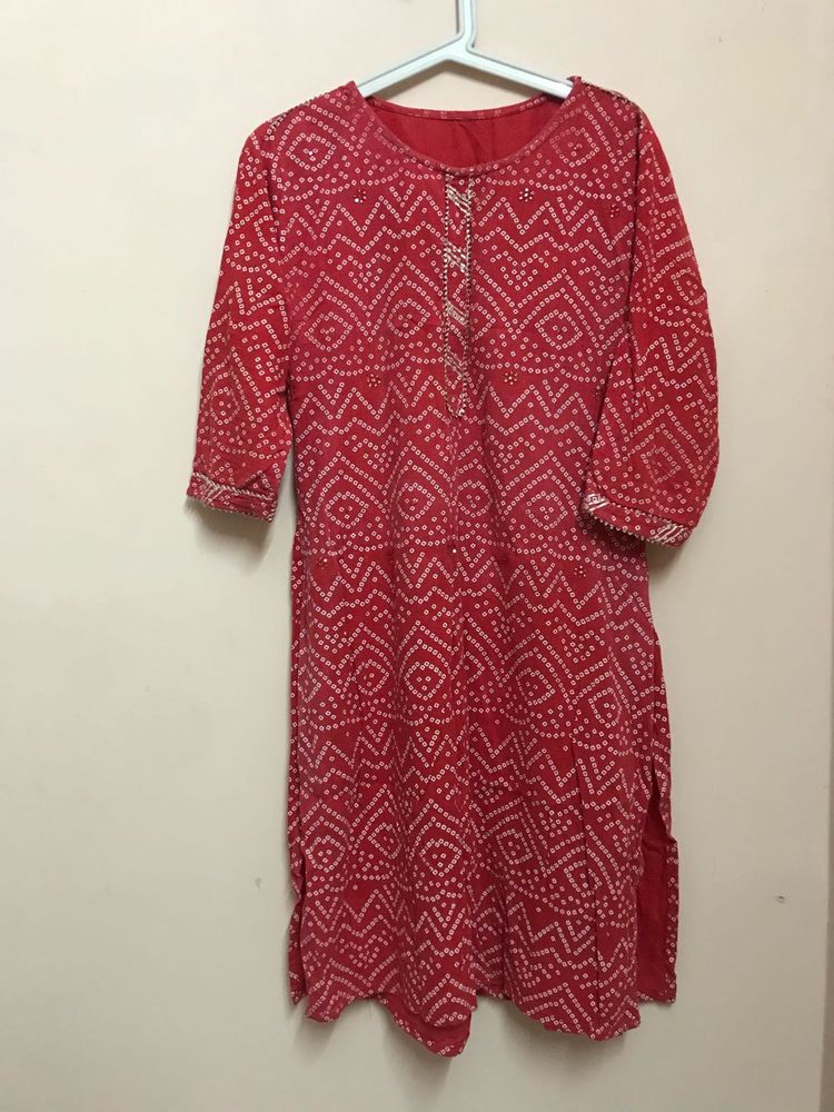 Red Printed Kurta With Pants