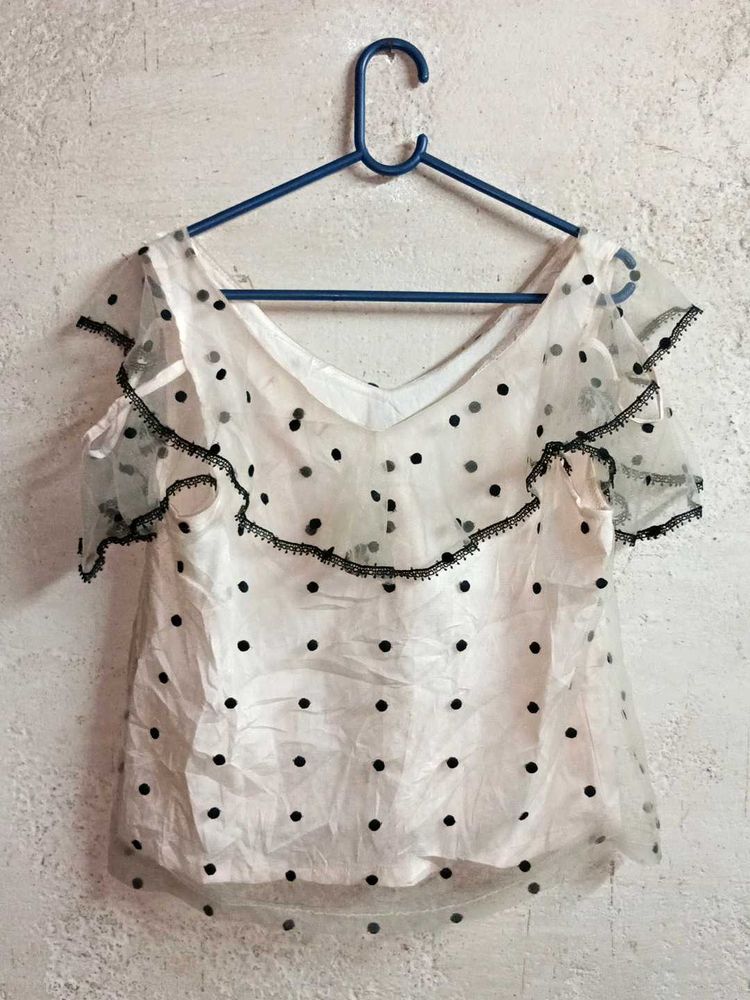 Trendy Polka Dot Ruffle Crop Top Layered Cream