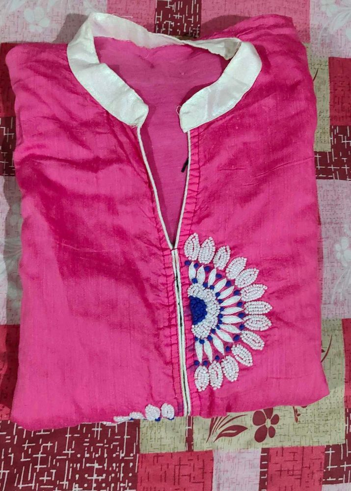 Pink Straight Kurti With Moti Work