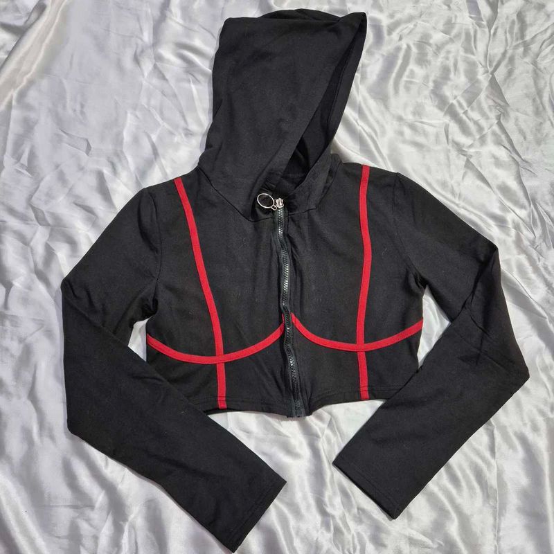 Red Trim Black Hoodie/ crop / goth /spiderman