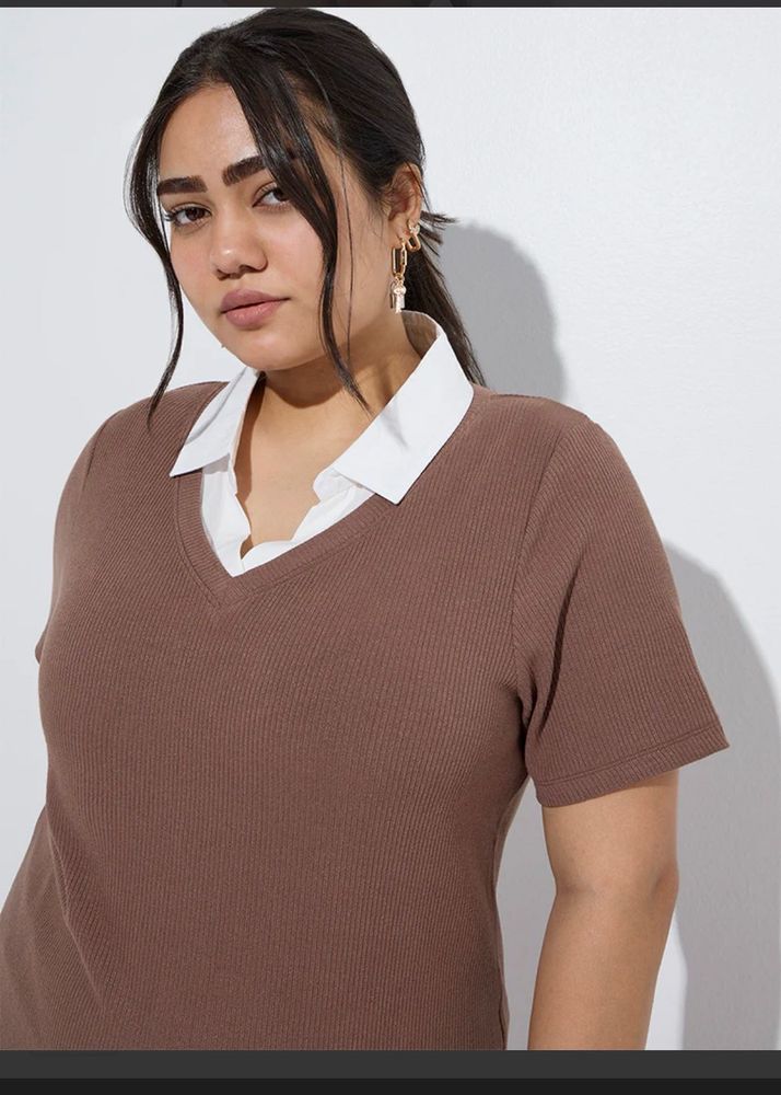 Gia Brown Ribbed Collar Top