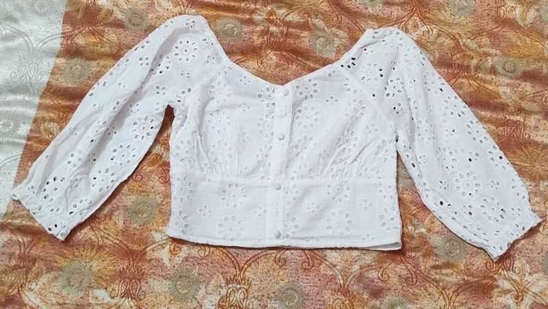 Eyelet Button-Up Crop Top