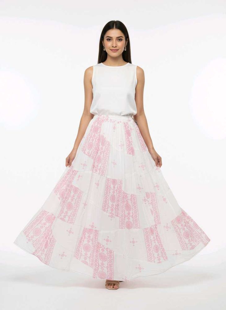 Pink &amp; White Ethnic Long Skirt