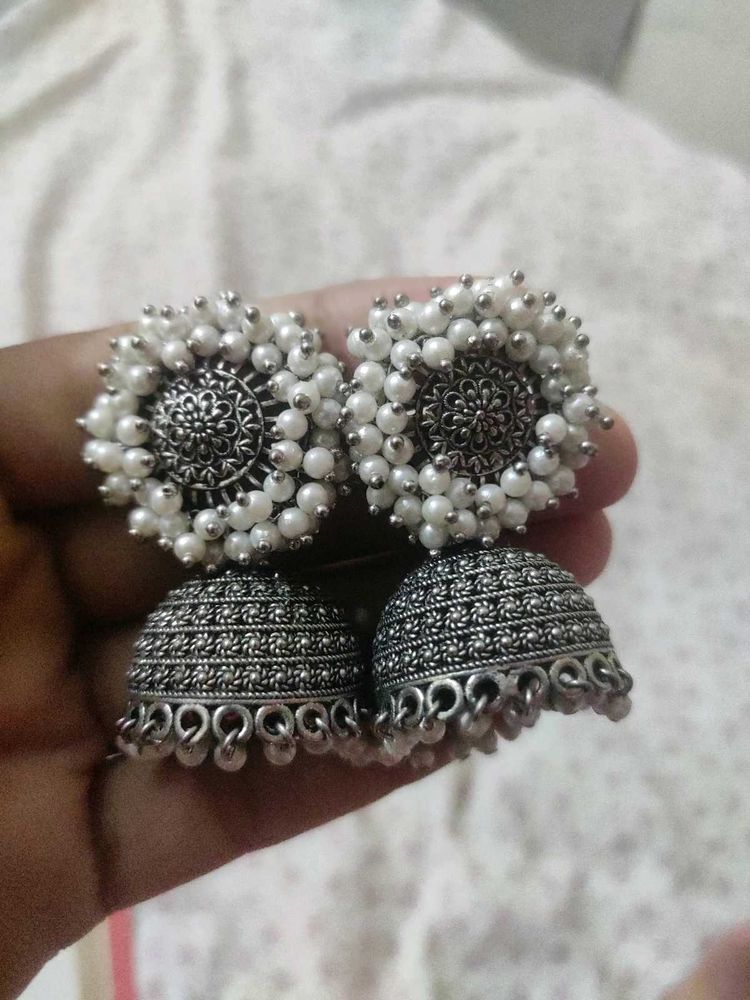 Silver Jhumka Earrings with Pearl Details