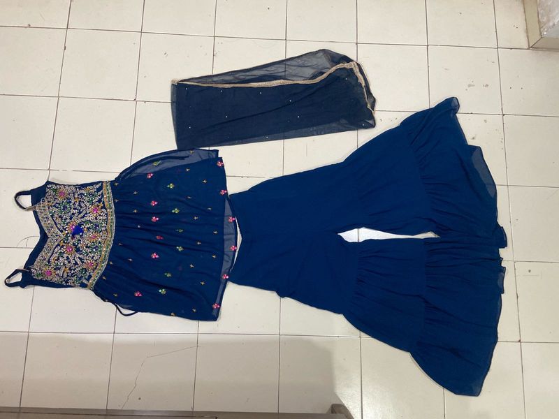 Blue Sleeveless 3 Piece Gharara Set