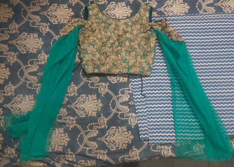 Embroidered  Green &amp; Gold Lehenga with Sleeves