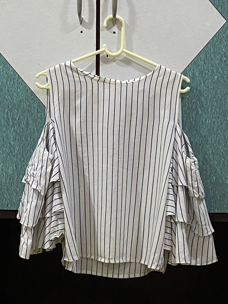 Striped Cold Shoulder Ruffle Top