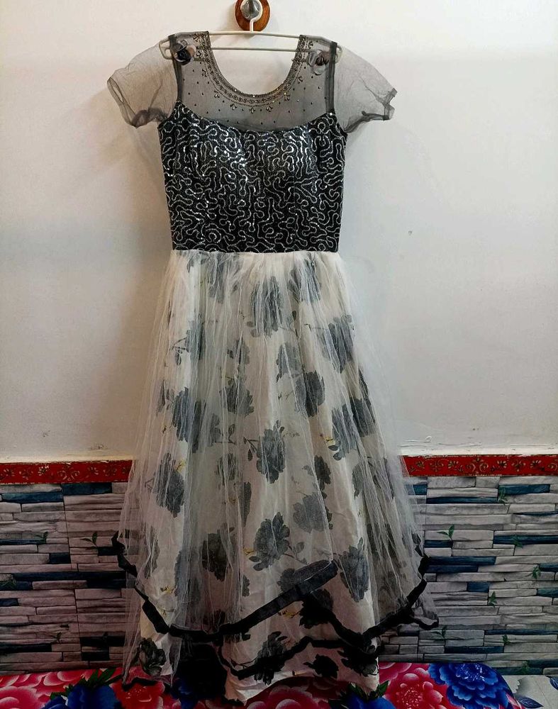 Two-Tone Dress with Sequin Bodice and Floral Skirt
