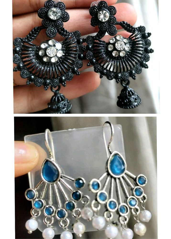 Black Jhumka &amp; Blue Hang Earrings